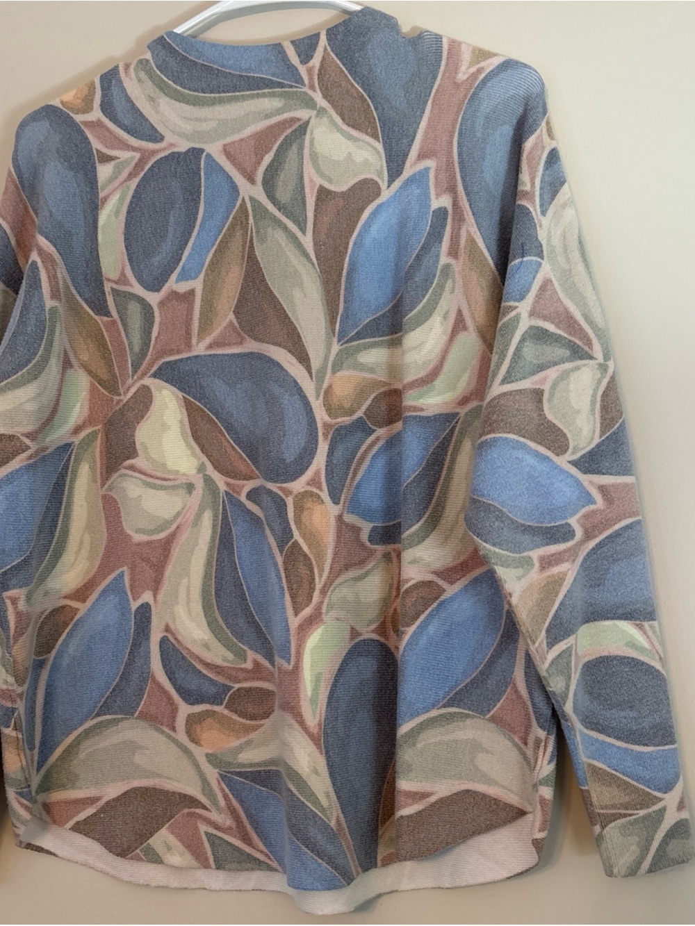 Sioni Pastel Leaf-Print Crewneck Sweater in Blue, Green, Cream & Brown